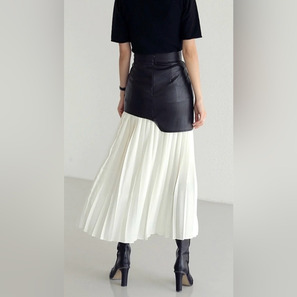 467. Commense Asymmetric Patchwork Faux Leather Chiffon Pleated Maxi Skirt M - Picture 2 of 10